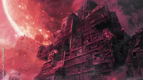 A colossal library in ruins, covered in bioluminescent moss, stood alone under a bloodred sky, where once thrived a civilization with blurry background, scifi photo, sharpen banner