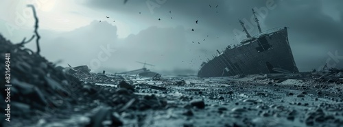 A desolate seashore where the remnants of massive ships lay scattered under a stormy gray sky with blurry background, scifi photo, sharpen banner