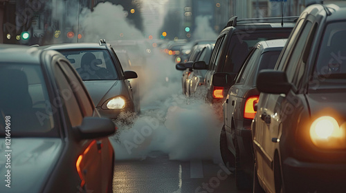 Traffic jam with a high concentration of exhaust fumes, depicting air pollution.