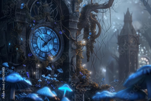 An enormous clock tower, overtaken by vines and glowing blue mushrooms, ticked away the last moments of a forgotten world with blurry background, scifi photo, sharpen banner