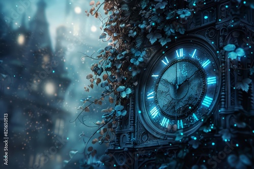 An enormous clock tower, overtaken by vines and glowing blue mushrooms, ticked away the last moments of a forgotten world with blurry background, scifi photo, sharpen banner