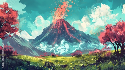 Volcano landscape adorned with flowers, clouds, and serene skies, offering a picturesque view of nature's beauty