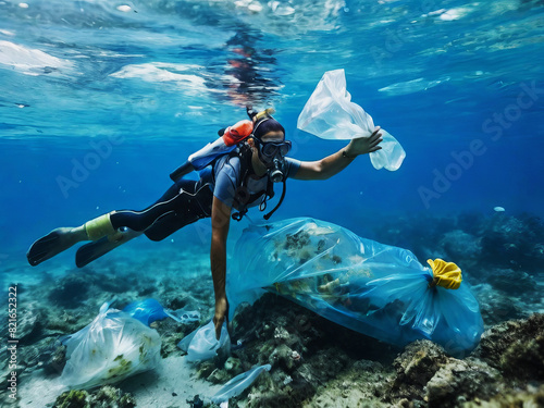 scuba diver in the sea volunteer collecting plastic waster underwater waterpollution awareness