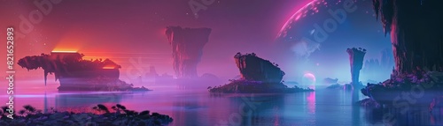 Creative colorful landscape of an archipelago with floating neon islands and bioluminescent flora, cyberpunk color, banner template sharpen with copy space