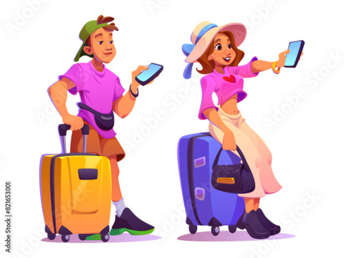 Male and female tourist characters with smartphones isolated on white background. Vector cartoon illustration of young man and woman standing with travel suitcases, using gadget for selfie and booking