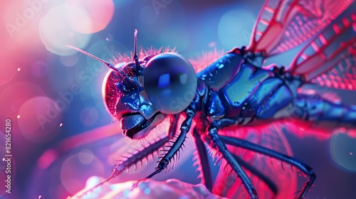 Futuristic charismatic cyber closeup of a damselfly nymph in a ninja outfit