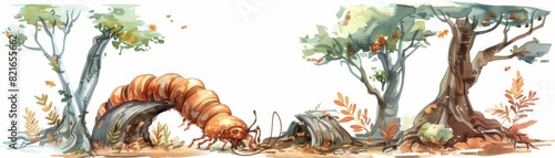 Set of water color of a plump grub, burrowing into decaying wood, in an ancient, mystical forest with towering trees, Clipart isolated on white