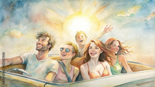 A group of friends laughing in a convertible under the sun, illustrated in watercolor