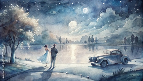 A nostalgic watercolor painting of a couple dancing under the stars beside a vintage car parked by a tranquil riverbank