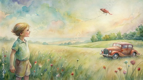 A nostalgic portrait of a child flying a kite in a watercolor meadow, with a vintage car parked nearby