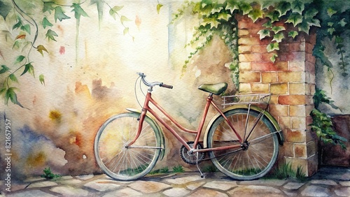 A nostalgic watercolor painting of a vintage bicycle leaning against an old brick wall adorned with ivy, capturing a sense of timeless charm