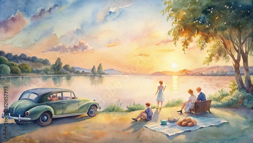 A gentle watercolor depiction of a family enjoying a picnic by the lake, with a vintage car parked nearby and the sun setting in the distance