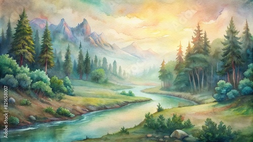 A picturesque landscape painting of a tranquil forest scene with a winding river, created using soft watercolor washes, inviting viewers to explore nature's beauty