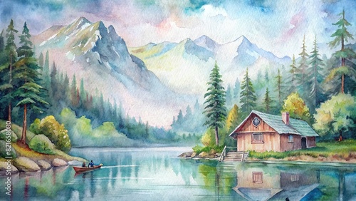 A picturesque watercolor painting of a cozy cabin nestled by a mountain lake, with a charming portrait of the inhabitants enjoying a peaceful day of fishing