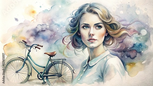 A portrait of a young woman with a vintage bicycle, surrounded by swirling watercolor motifs, blending nostalgia with modernity