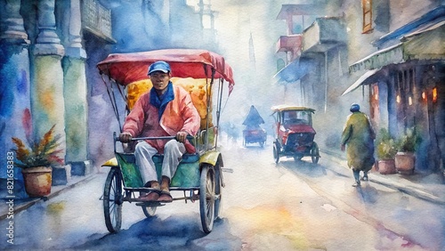 A tourist in a rickshaw in an Asian market, painted with rich watercolor details