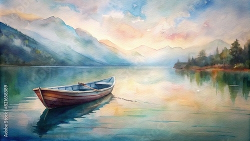 A tranquil scene of a rowboat gently floating on a calm lake, painted with soft watercolor strokes that evoke a sense of serenity