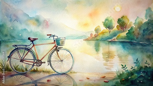 A vintage bicycle parked by a tranquil lakeside, captured in delicate watercolor hues, evoking nostalgia and leisurely vibes