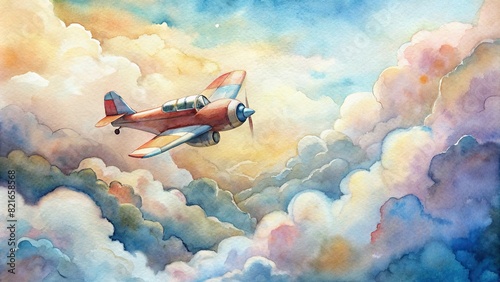 A whimsical illustration of a retro airplane flying high amidst fluffy clouds, painted with vibrant watercolor strokes, evoking a sense of nostalgia and adventure