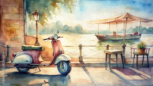 A vintage-inspired watercolor painting of a retro scooter parked by a waterfront cafe, evoking a sense of nostalgia