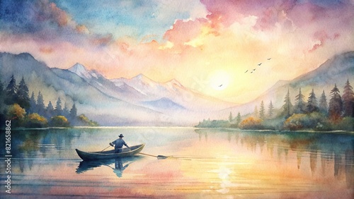 An artistic rendering of a man paddling a canoe across a serene lake at sunrise