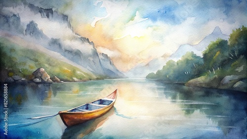 An artistic rendering of a kayak floating peacefully on a tranquil river, painted with soft watercolor strokes
