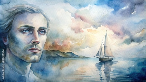 An artistic watercolor painting depicting a serene scene of a sailboat sailing on calm waters, with a dreamy portrait of a sailor in the foreground