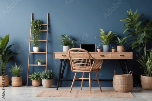 Creative composition of muted blue office interior, wooden desk, rattan sideboard, chair