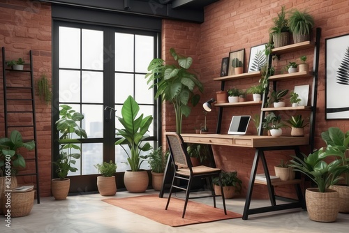 Creative composition of Brick Red office interior, wooden desk, rattan sideboard, chair