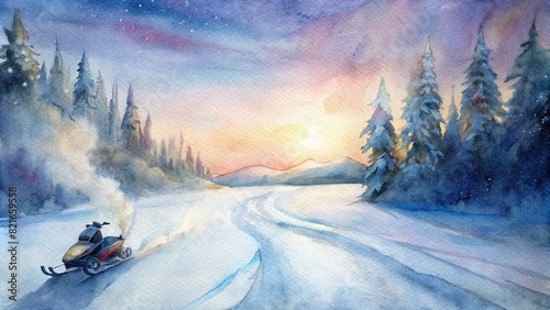 Watercolor of a snowmobile speeding through a snowy landscape at dusk