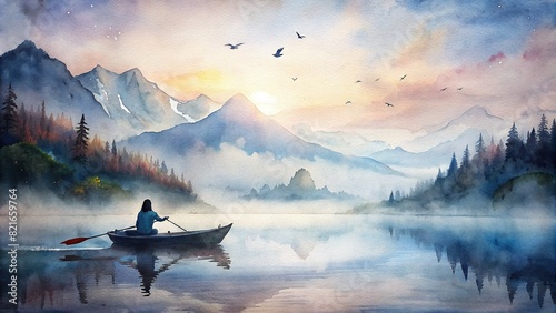 A captivating watercolor artwork depicting a woman paddling a canoe across a misty lake at dawn, with the silhouette of mountains looming in the distance and birds soaring overhead