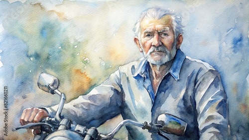 A detailed portrait of a senior man sitting proudly atop his beloved motorcycle, painted with intricate watercolor brushstrokes that capture his rugged charm