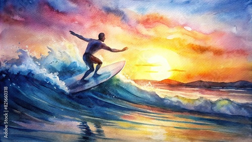 A dynamic watercolor artwork depicting a surfer catching a wave at sunset, with a striking portrait of their exhilaration as they conquer the ocean's swell