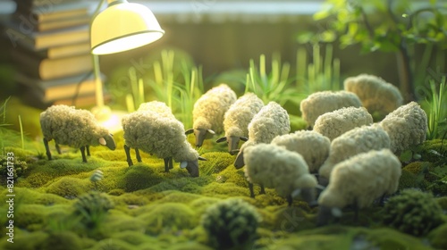 Miniature sheep grazing on moss under a warm lamp, resembling a peaceful pastoral scene on a small scale with a cozy atmosphere.