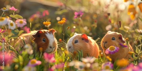 Three adorable guinea pigs enjoying a sunny day in a meadow filled with colorful wildflowers, capturing a sense of calm and nature.