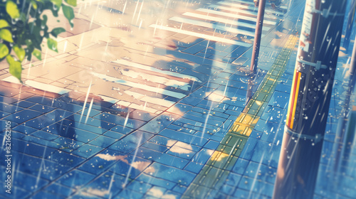 A floor tile with raindrops in the daytime, anime-style illustration