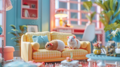 Two adorable guinea pigs relax on a cozy yellow couch in a well-decorated, colorful living room filled with plants and playful decor.