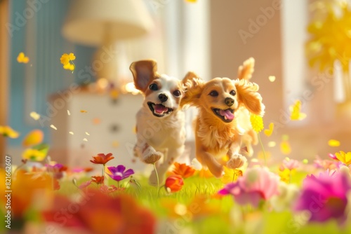 Two joyful dogs running through a colorful garden full of blooming flowers, capturing the essence of happiness and playful excitement.