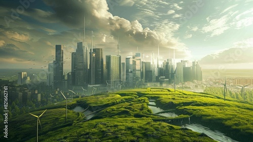 An eco-friendly futuristic city with skyscrapers amidst green landscapes and renewable wind energy