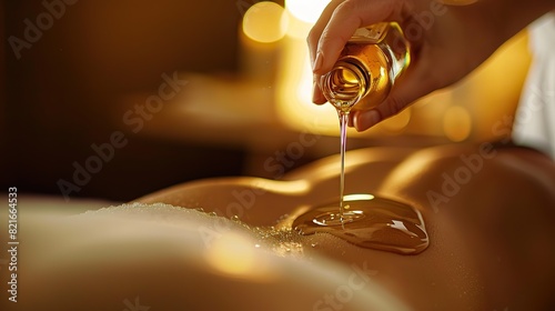 Masseur's hand pours aromatherapy oil on woman's back Masseuses prepare oil massage procedures for customers at the spa salon. The concept of massage therapy with aromatherapy oils.