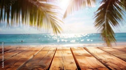 Top of wooden table with sea view and palm trees Blurred bokeh light of calm sea and sky at tropical beach background