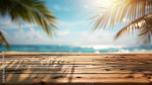 Top of wooden table with sea view and palm trees Blurred bokeh light of calm sea and sky at tropical beach background