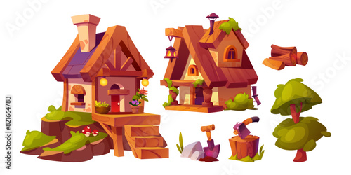 Fairytale village houses and landscape elements. Cartoon vector illustration set of cute fantasy fairy medieval cottages made from stone and wood, tree and log for creation of country rural scenery.