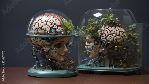 A brain inside a glass dome with a skull and wires coming out of it