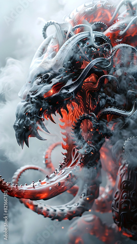 Formidable Cyborg Hydra:A Captivating 3D Showcasing Raw Primal Power in Dramatic Chromatic Smoke