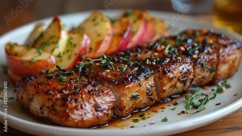 A plate of roasted pork tenderloin with apples.