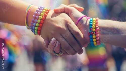 A close-up of two hands, one adorned with a rainbow bracelet, clasped together in unity, with a blurred background of a pride parade