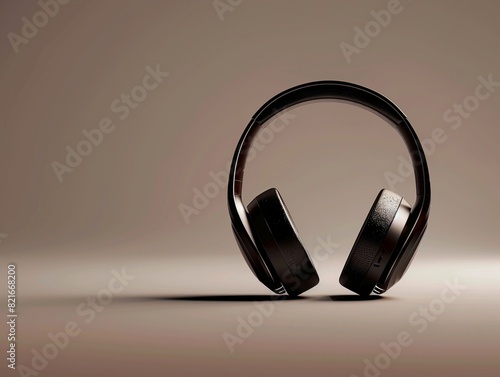 Auriculares inalámbricos negros sobre fondo beige, fotografía minimalista y elegante de tecnología y audio de alta calidad