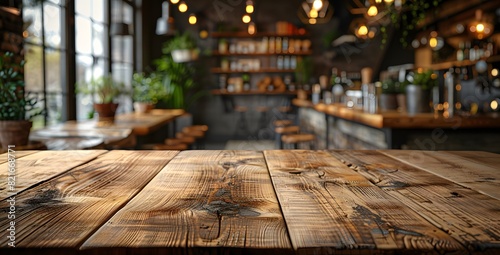 Empty wooden table top with blurred restaurant interior background for product display montage, contemporary bar and cafe interior design 