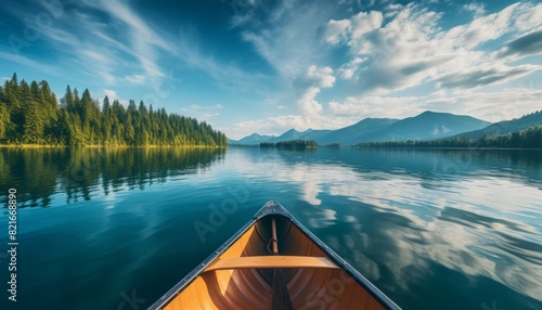 A wooden canoe glides through calm, still water, reflecting the surrounding mountains and blue sky.